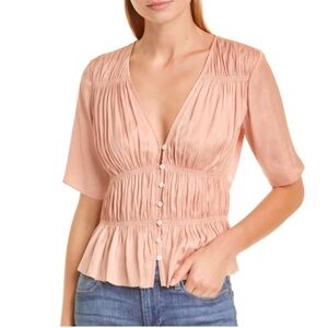 FRAME PINK SHIRRED V-NECK BLOUSE Women's Pink Blouse size small